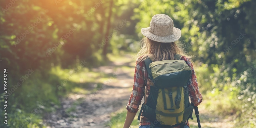 Young woman hiking and going camping in nature, Generative AI Young woman hiking and going camping in nature, Generative AI