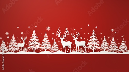 White silhouette of reindeer and fir trees on red background with snowflakes, winter holiday design.