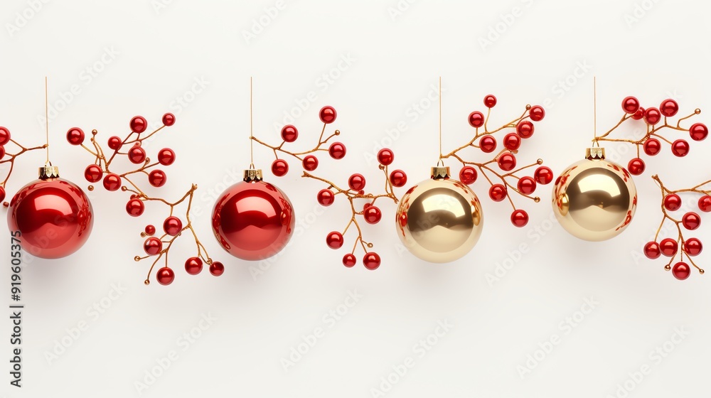 Red and gold Christmas ornaments with berry branches on white background. Red and gold Christmas ornaments with berry branches on white background.