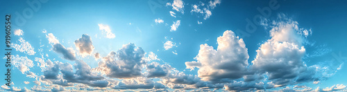 Panoramic sky with white clouds, blue sky banner design, high-resolution nature background


