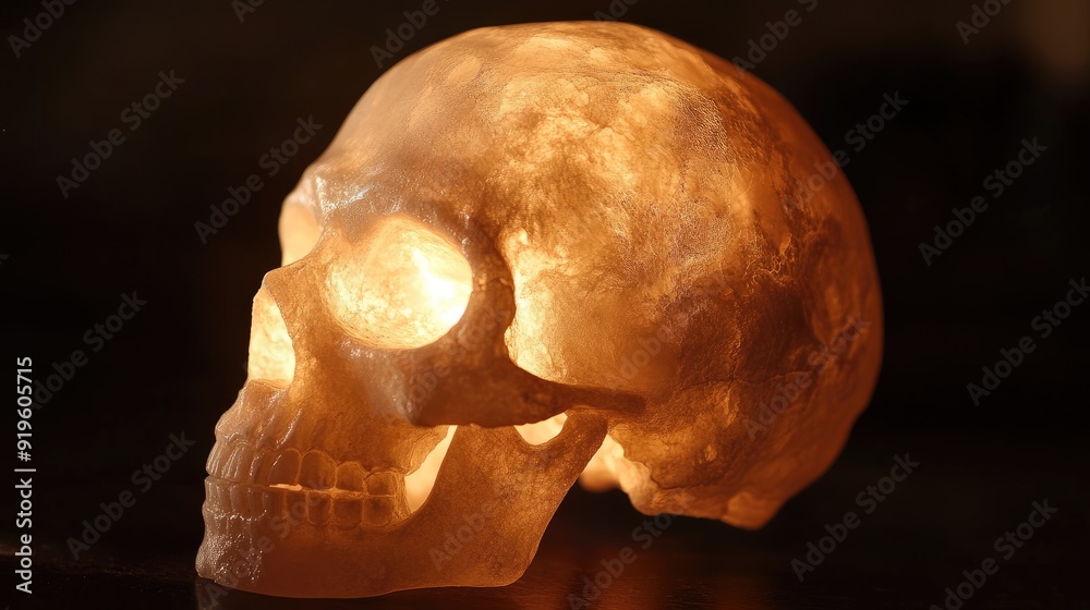 Detailed view of a skull illuminated by a soft, warm light from inside, perfect for themes of mortality and the macabre. - Detailed view of a skull illuminated by a soft, warm light from inside, perfect for themes of mortality and the macabre. -