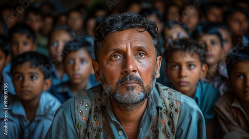 Group of children attentively watching a man speaking in a classroom during a community education session