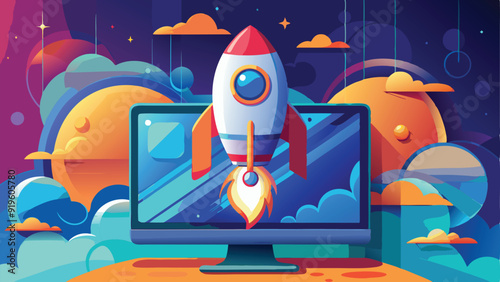 Rocket coming out of laptop screen, blue background. AI digital illustration