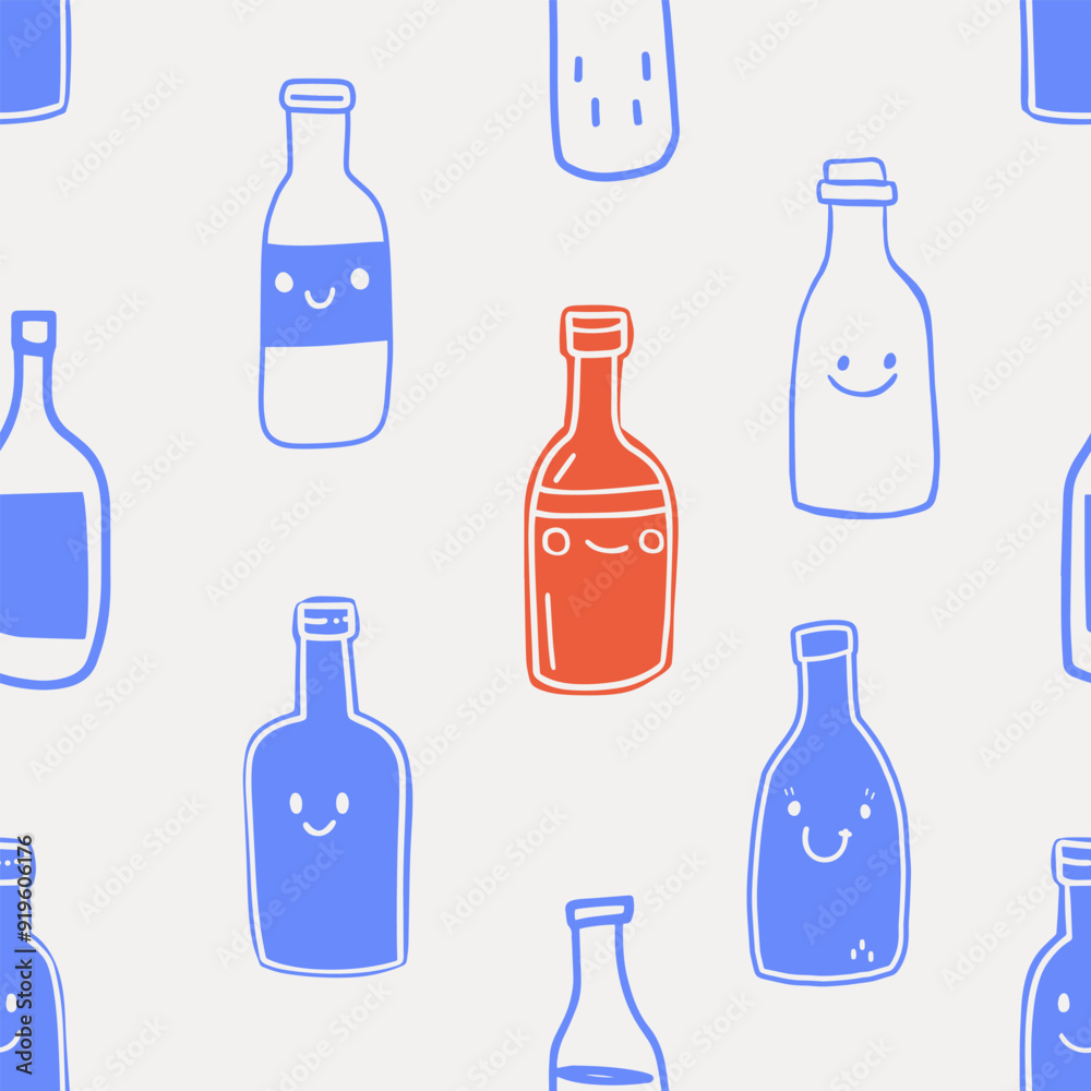 Seamless pattern. Bottles of cute wine hand-drawn. Vector graphics.