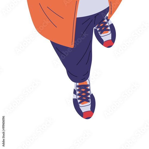 Flat cartoon illustration of human legs wearing sneakers and an orange jacket.