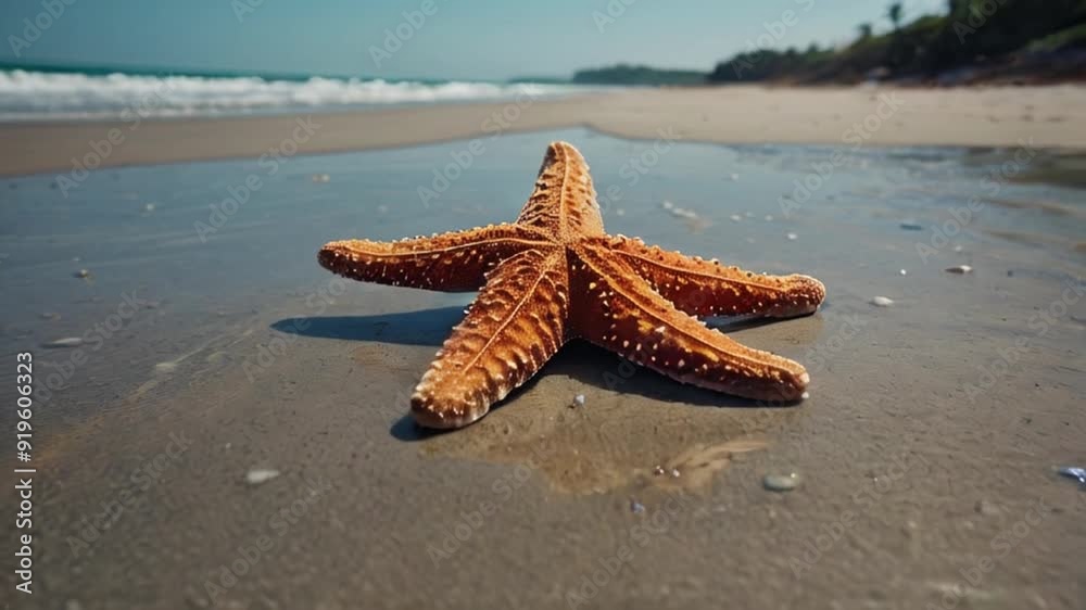 starfish on the sand starfish, beach, sea, sand, summer, star, ocean,  colorful lights HD resolution with hyper realistic 4K Background.