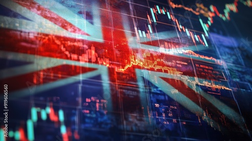 Double exposure of the UK flag and a stock market trading chart, symbolizing the connection between national economy and global finance.