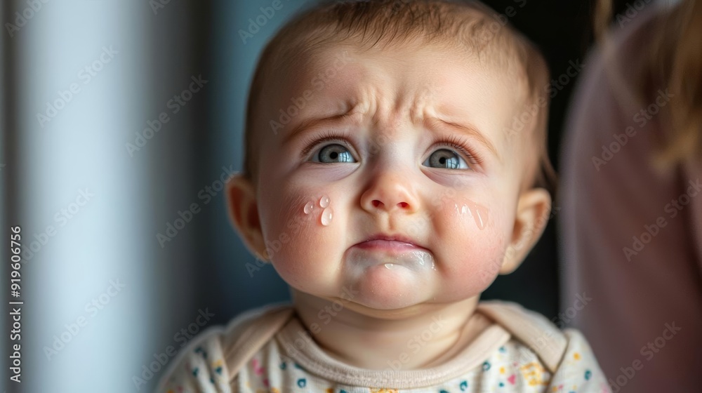 A close-up of a crying baby with teardrops on their chubby cheeks, reaching out for their mother A close-up of a crying baby with teardrops on their chubby cheeks, reaching out for their mother