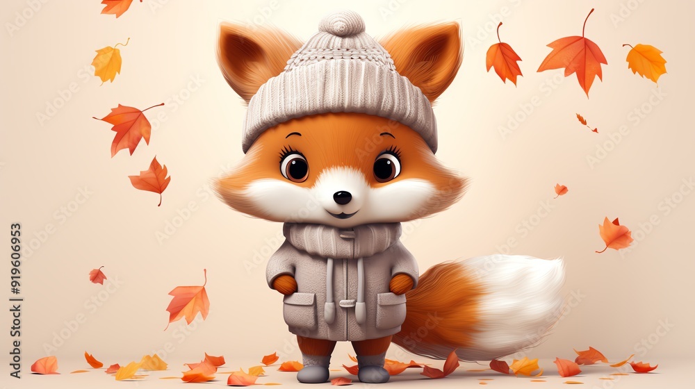 Fototapeta premium Cute cartoon fox wearing a knitted hat and coat, surrounded by autumn leaves.