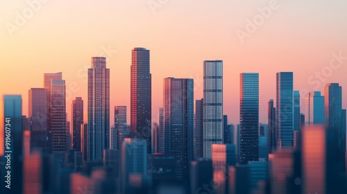 A futuristic cityscape at dawn, with towering skyscrapers made of glass and steel reflecting the first light