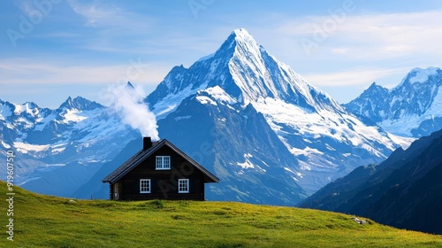 A mountain cabin surrounded by snow-capped peaks, with smoke rising from the chimney