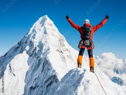 A mountain climber reaching the summit, raising their arms in victory against a backdrop of a snowy peak