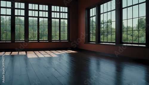 A room with a large floor and a large window with the sun shining through 53