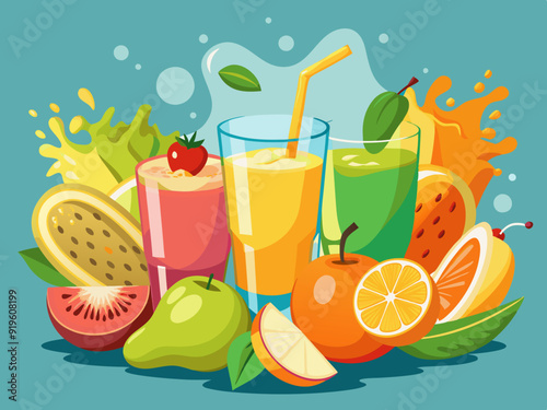 Juicy fruits splatter. Citrus orange and lemon, organic apple, pomegranate and dragon fruit juices. Sweet pear, peach and banana smoothie vector set. Vitamin vegan yoghurt or smoothie
