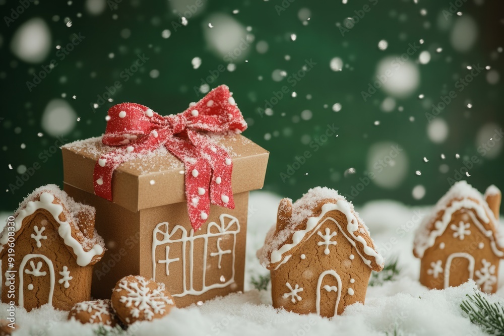 Gift box and gingerbread houses on the green background and snow, space for text
