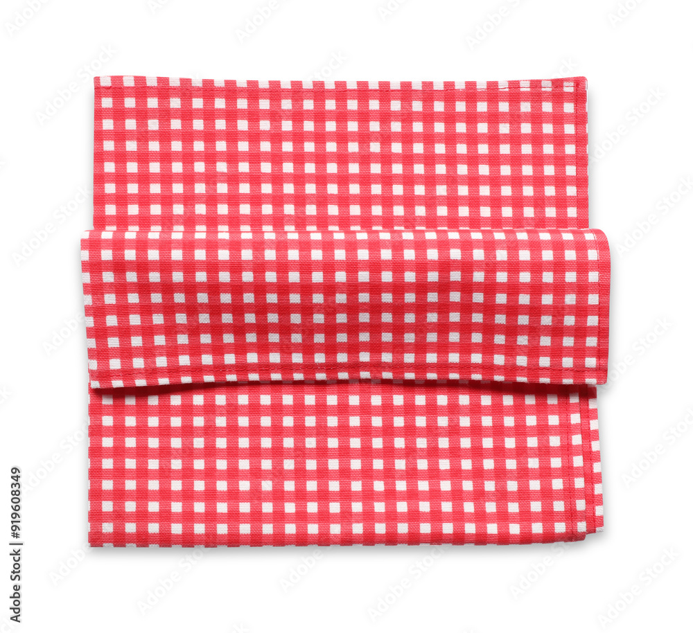 Red checkered picnic tablecloth isolated on white, top view Red checkered picnic tablecloth isolated on white, top view