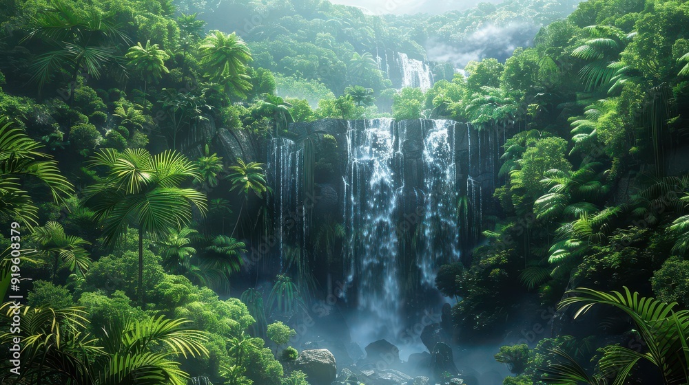 A breathtaking tropical waterfall surrounded by lush greenery and mist, showcasing the beauty of nature and serenity.