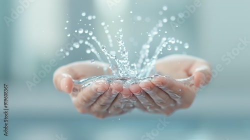 water drop splashing on a woman's hands, emphasizing water pollution prevention and conservation efforts, environmental awareness, copy space