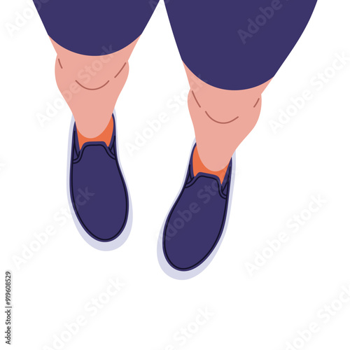 Feet of person in blue shorts and slippers, vector cartoon selfie of teenager in modern footwear view from above