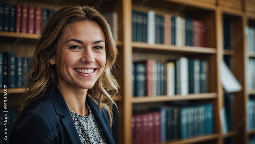 Smiling Woman at Work in a Legal Library Smiling Woman at Work in a Legal Library
