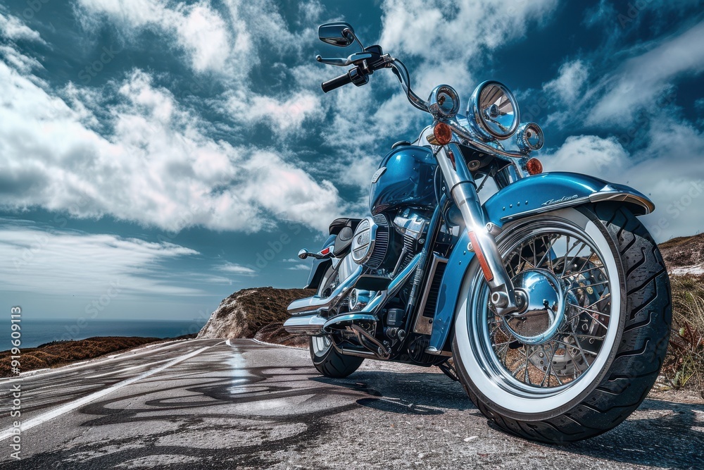 Obraz premium Closeup wheel tires of Bigbike side view motorcycle solid color background Generative AI
