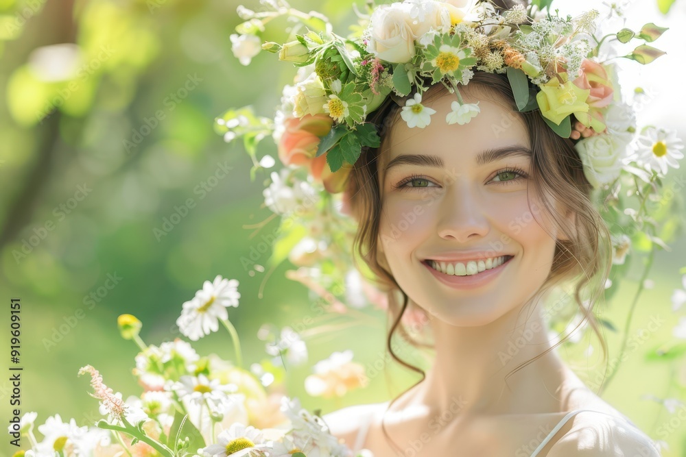 Close up portrait of young beautiful happy smiling with a wreath of flowers on her head Close up portrait of young beautiful happy smiling with a wreath of flowers on her head