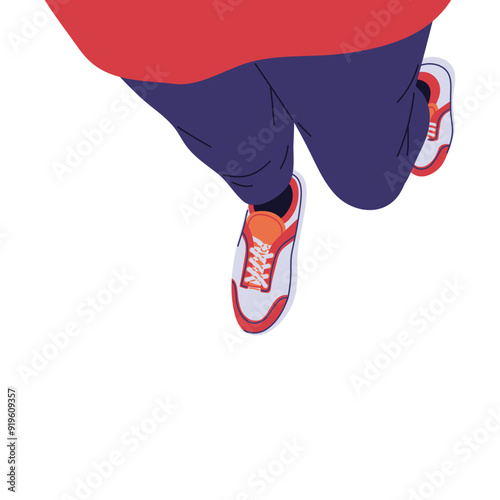 Feet of person in blue jeans and red sneakers above view, vector cartoon selfie of teenager in modern footwear legs step