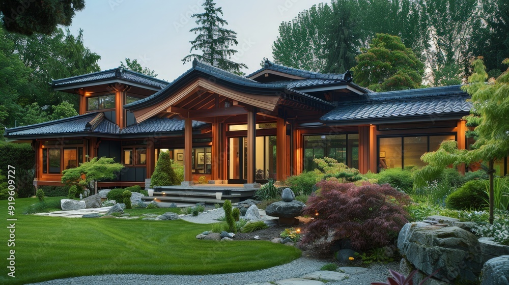 Explore the cultural symbolism of architectural elements in an Asian-inspired house exterior. Explore the cultural symbolism of architectural elements in an Asian-inspired house exterior.