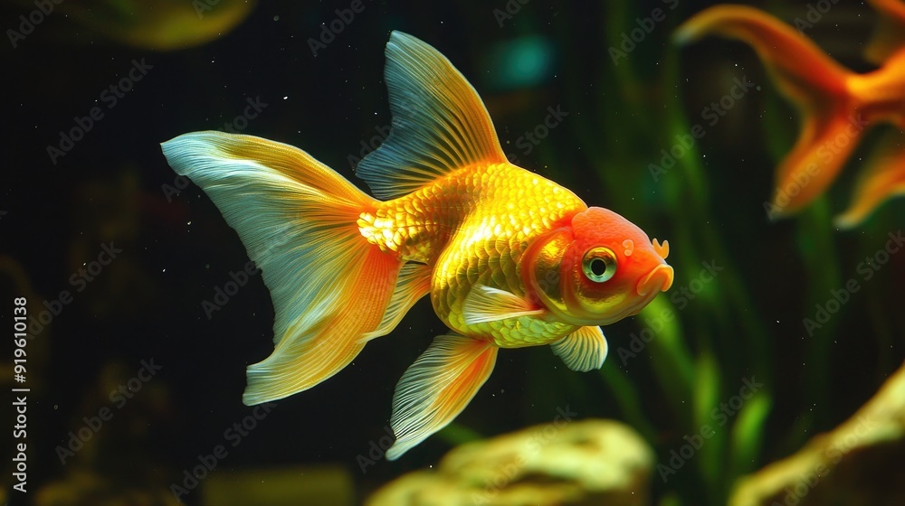 Gold fish swimming peacefully at the bottom of an aquarium, their scales glowing softly in the clear water, creating a tranquil scene.