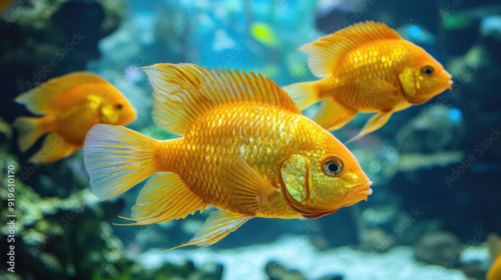 Golden ornamental fish gracefully swimming at the bottom of a clear aquarium, showcasing their beauty and elegance in the water.