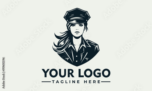 Female police officer vector logo with long hair, wearing uniform and hat. Female police officer in uniform and hat, with long hair. Perfect for law enforcement, diversity, and careerrelated designs