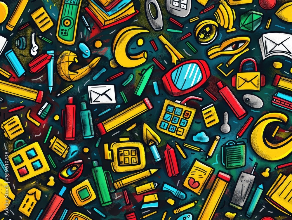 Colorful Doodle Pattern with School Supplies, Gadgets and Everyday Objects on Dark Background. Colorful Doodle Pattern with School Supplies, Gadgets and Everyday Objects on Dark Background.