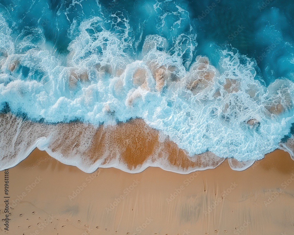 Beautiful sandy beach and soft blue ocean wave from top view Beautiful sandy beach and soft blue ocean wave from top view