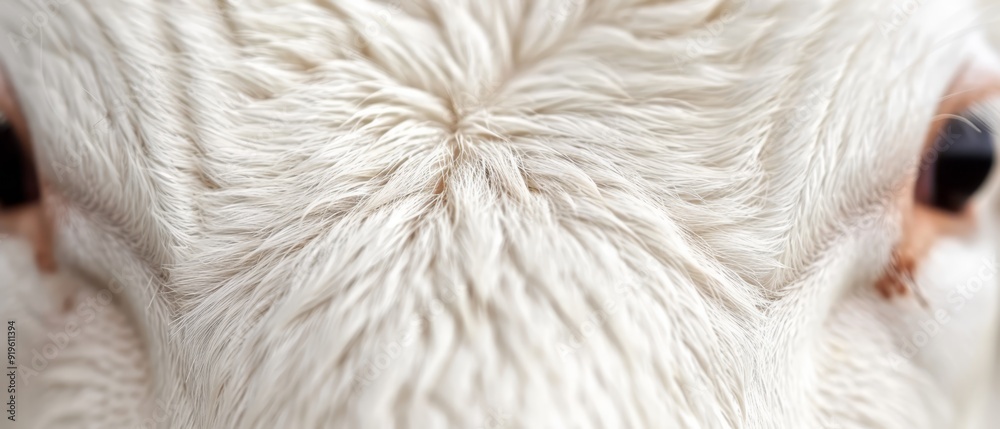 A tight shot of a white cow's face showcases a circular black mark nestled in the pupil of its eye A tight shot of a white cow's face showcases a circular black mark nestled in the pupil of its eye