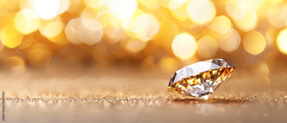 A diamond rests atop a table, next to a hazy golden and white backdrop of lights A diamond rests atop a table, next to a hazy golden and white backdrop of lights