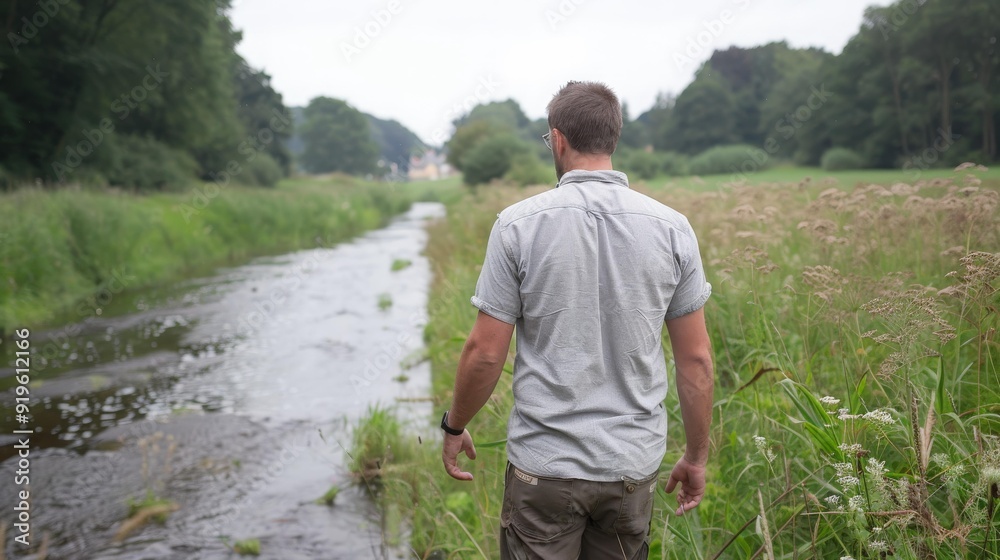 environmentalist walking near a small river waterway in a wetland, focusing on water pollution prevention and conservation, copy space environmentalist walking near a small river waterway in a wetland, focusing on water pollution prevention and conservation, copy space