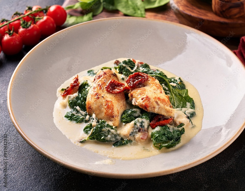 Creamy Chicken Breast in Spinach Parmesan Sauce with sun dried tomatoes dish. Creamy Chicken Breast in Spinach Parmesan Sauce with sun dried tomatoes dish.