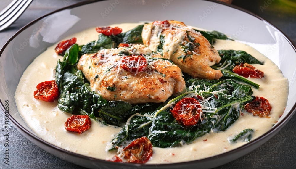 Creamy Chicken Breast in Spinach Parmesan Sauce with sun dried tomatoes dish. Creamy Chicken Breast in Spinach Parmesan Sauce with sun dried tomatoes dish.
