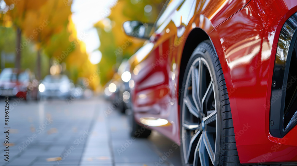 Close-up of a luxury red car parked on an urban street, highlighting its modern design and sleek aesthetics.
