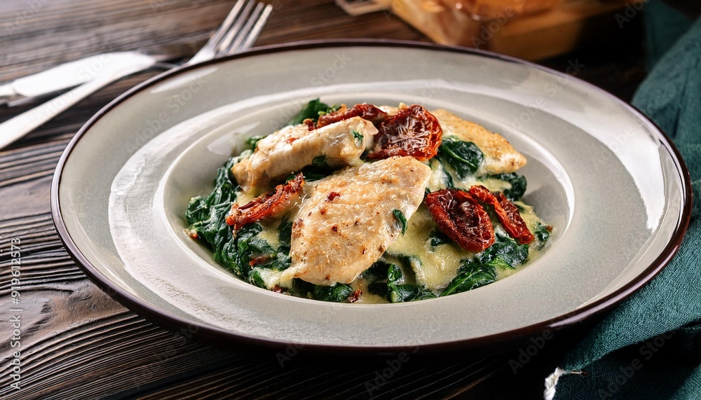 Creamy Chicken Breast in Spinach Parmesan Sauce with sun dried tomatoes dish. Creamy Chicken Breast in Spinach Parmesan Sauce with sun dried tomatoes dish.