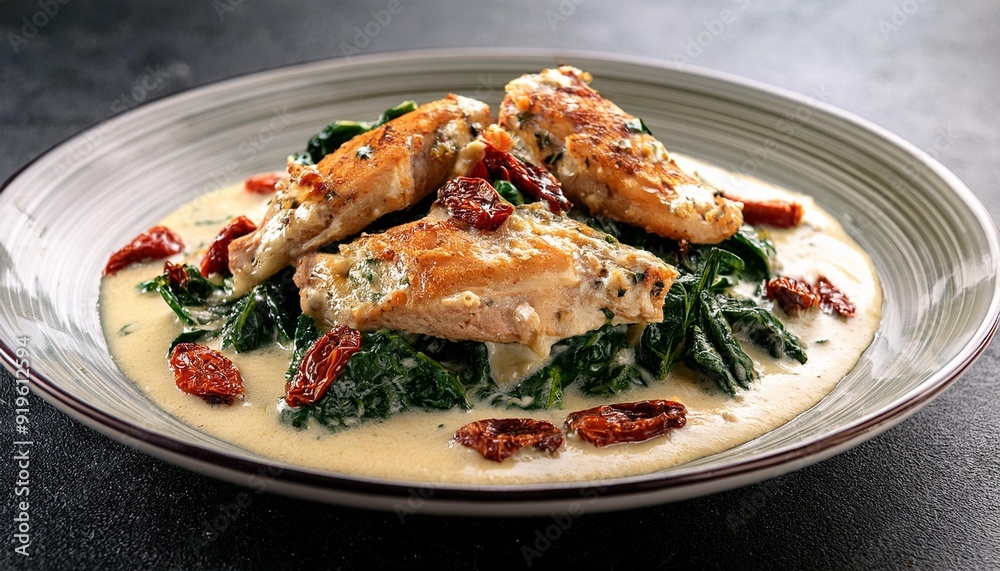 Creamy Chicken Breast in Spinach Parmesan Sauce with sun dried tomatoes dish. Creamy Chicken Breast in Spinach Parmesan Sauce with sun dried tomatoes dish.