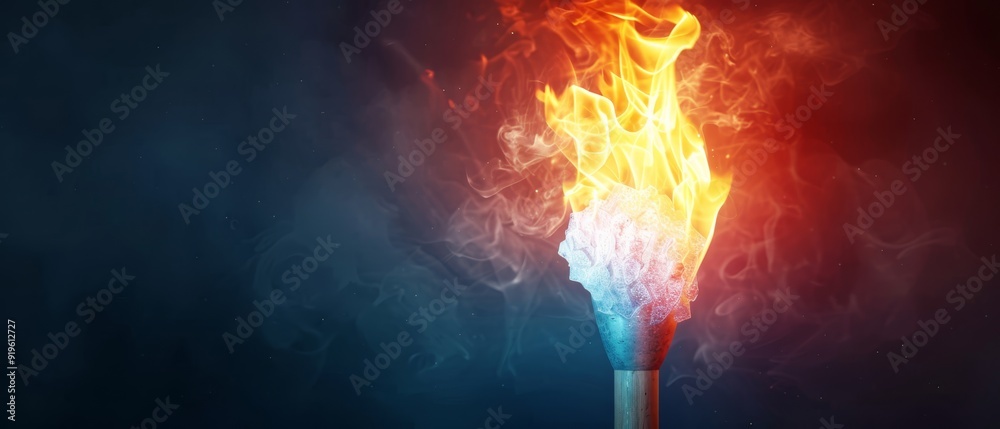 A lit matchstick with fire and smoke against a dark backdrop A lit matchstick with fire and smoke against a dark backdrop