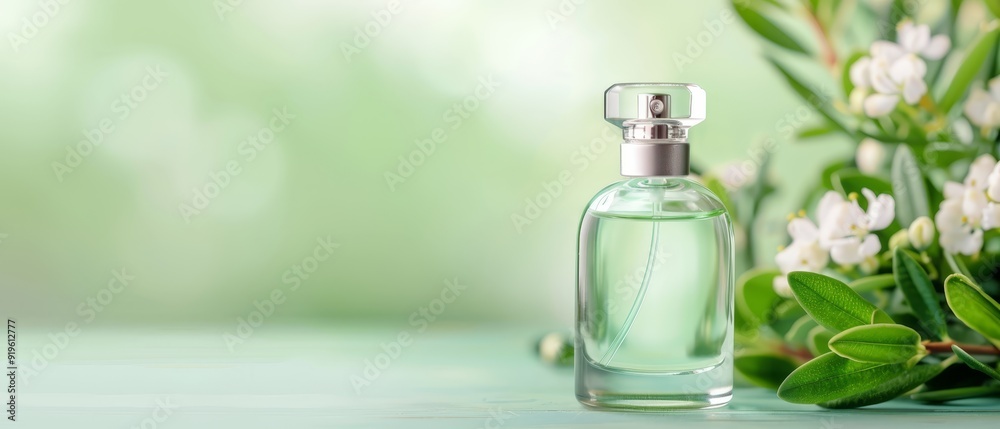 A bottle of perfume atop a table, surrounded by a bunch of green leaves and a white flower A bottle of perfume atop a table, surrounded by a bunch of green leaves and a white flower