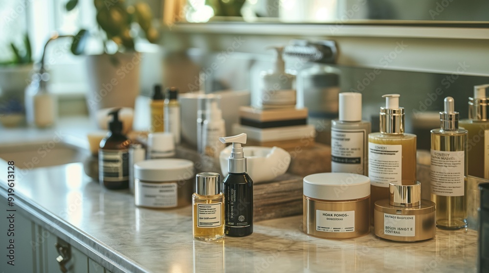 Skincare products, bathroom counter, interior