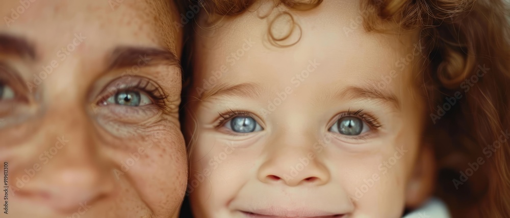  A tight shot of a child's and a woman's faces, both possessing blue eyes and curly locks