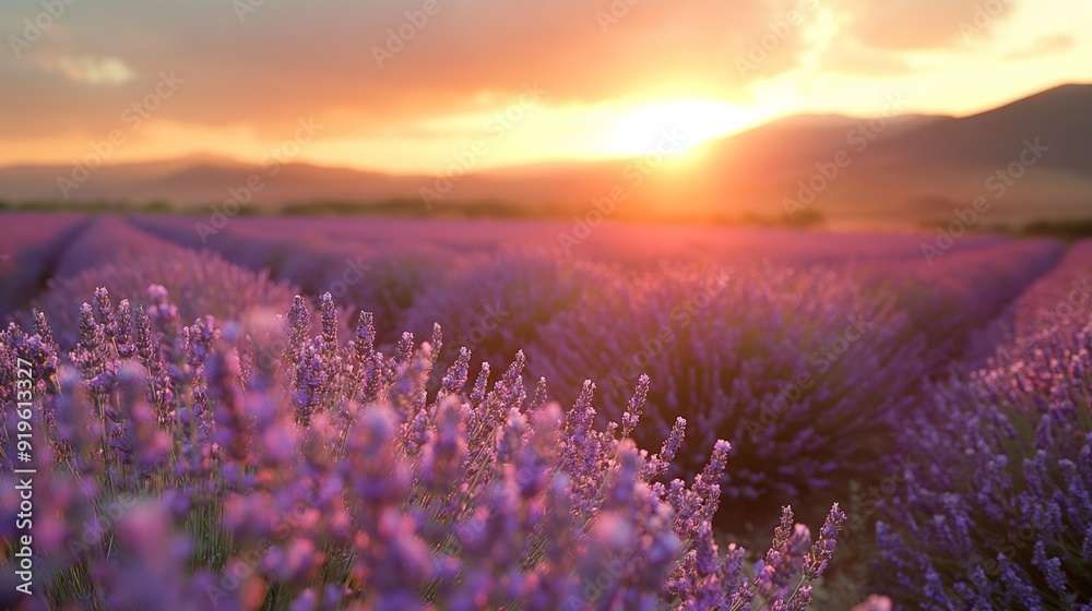 Naklejka premium Beautiful view blooming scenic at sunset. Sunset violet lavender flower field