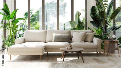 Beige sofa in living room with big window and green plants, modern interior design