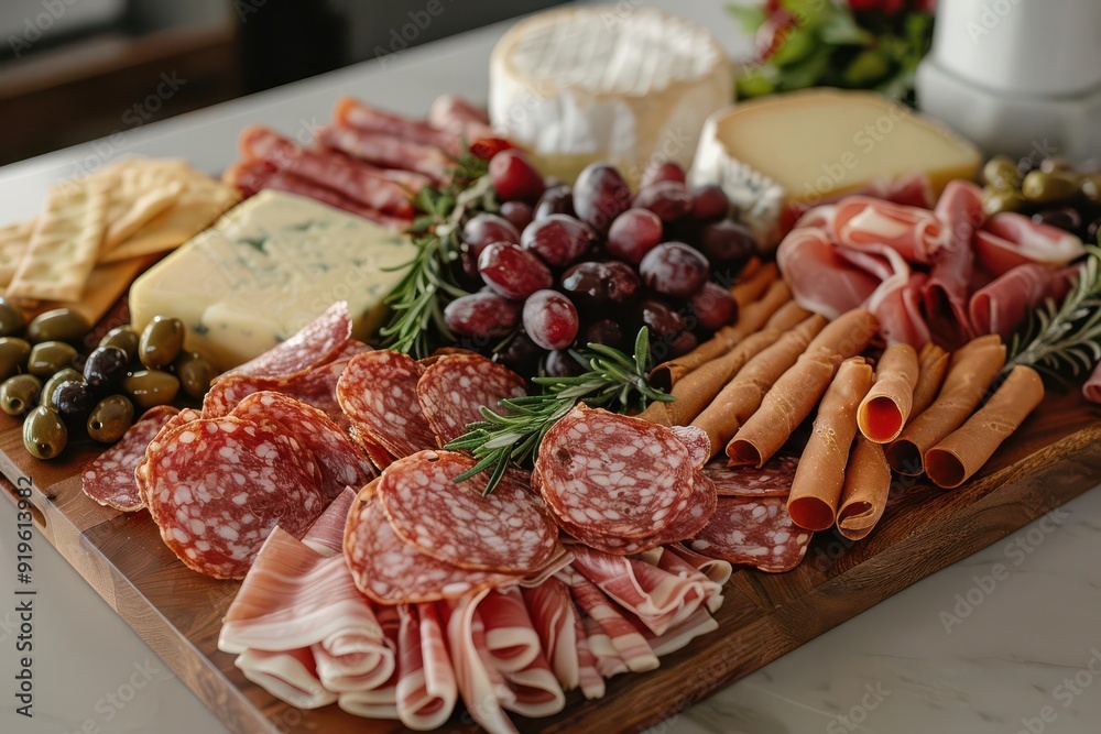 A delicious assortment of meats, cheeses, and fruits arranged on a wooden board, perfect for entertaining and gatherings. A delicious assortment of meats, cheeses, and fruits arranged on a wooden board, perfect for entertaining and gatherings.