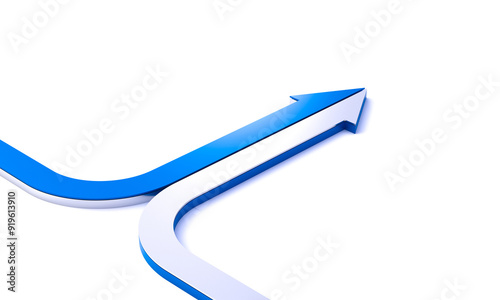 Blue arrow overtaking white arrow on white background