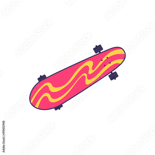 Skateboard or longboard bright print pink color, vector cartoon skateboard view from above, urban recreation equipment